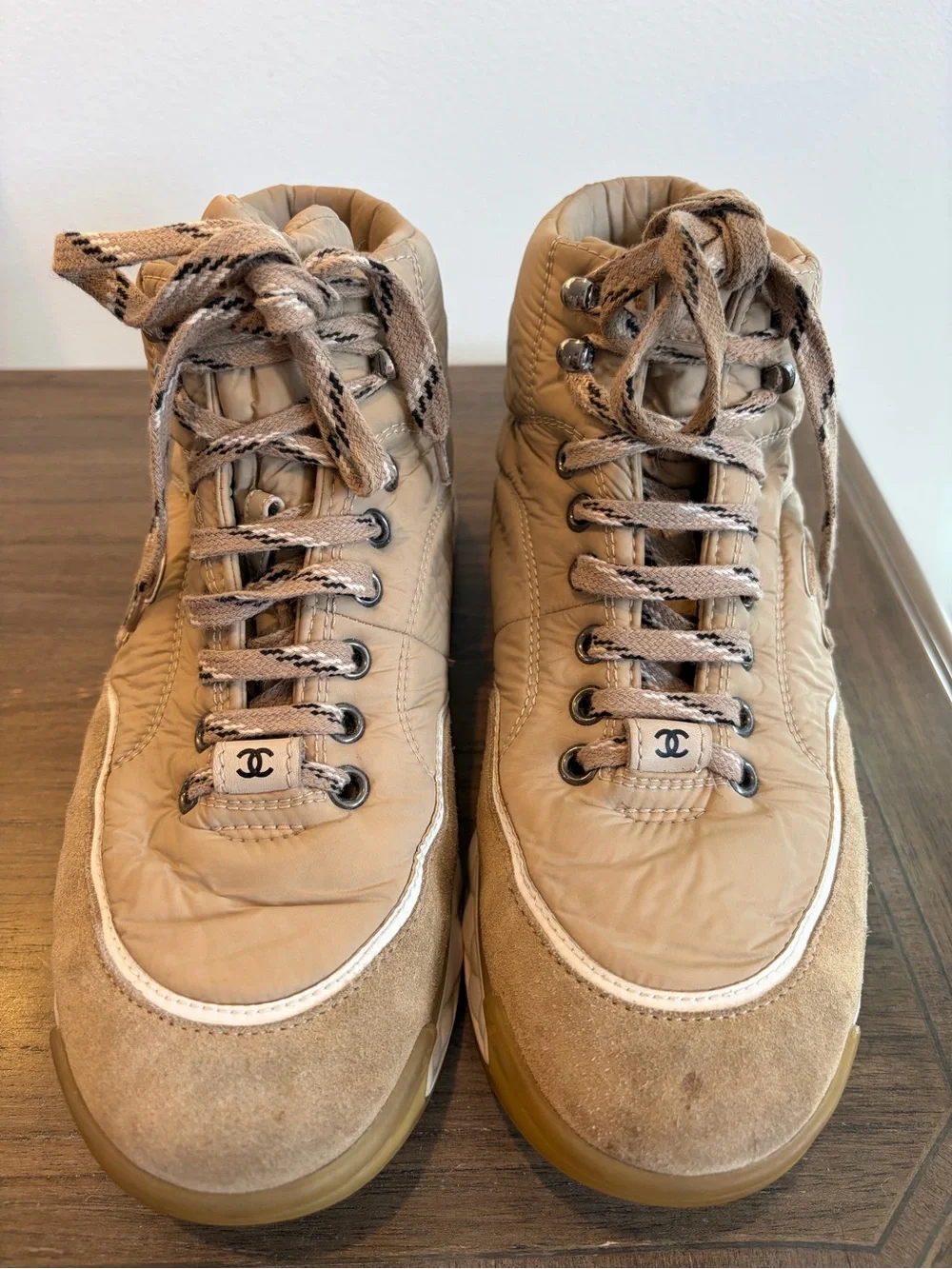 CHANEL Taupe Quilted High-Top Sneakers